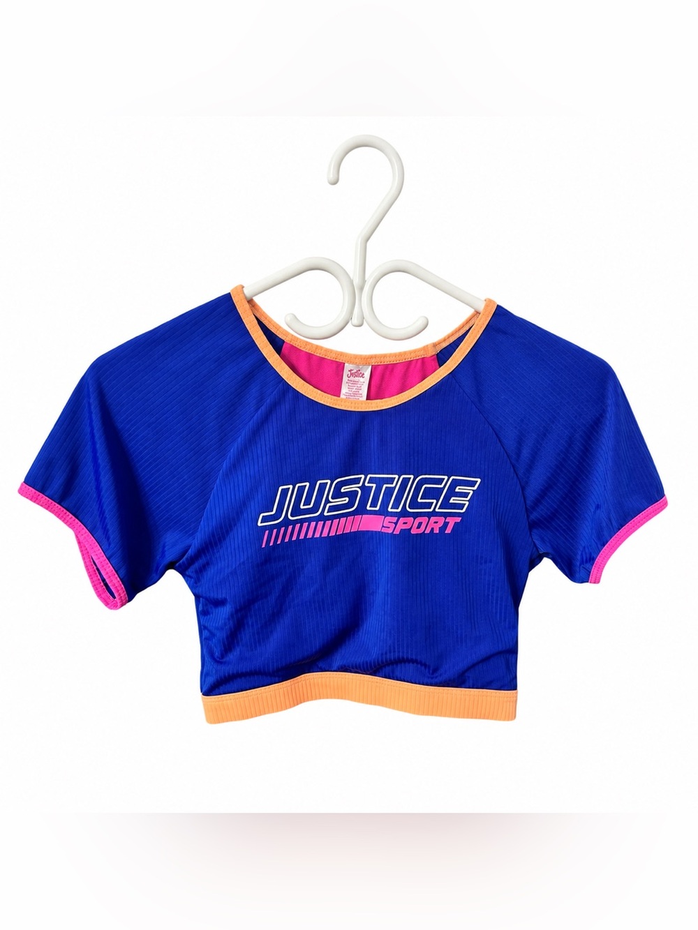 Justice Girls Blue Crop Top with Pink & Orange Trim